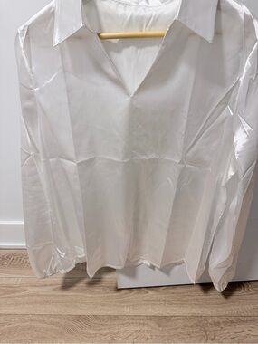 Women's White Satin V-Neck Blouse
